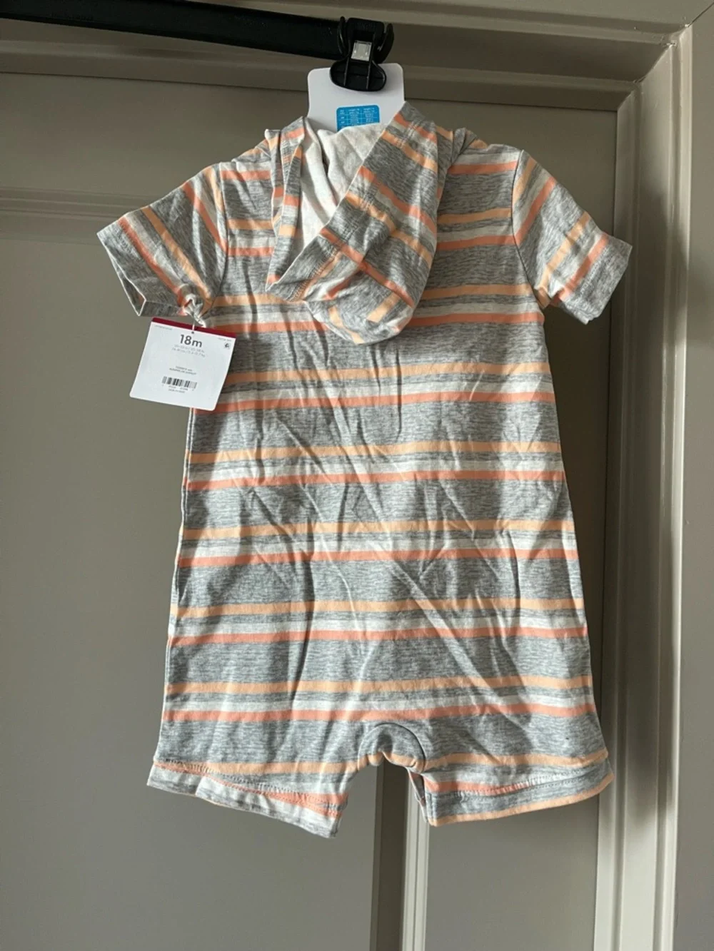 NWT Carter's Striped Hooded Baby Romper in Gray and Peach - Picture 3 of 3